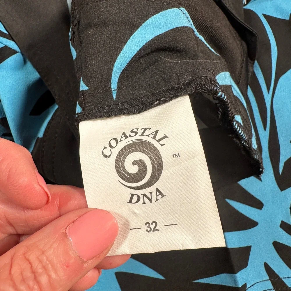 Coastal DNA Board Shorts Mens 32 Black Blue Tropical Palm Leaf 4-Way Stretch